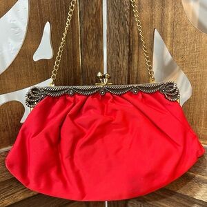 1950s Vintage Red Satin Evening Clutch with Gold Chain and Silver Accents
